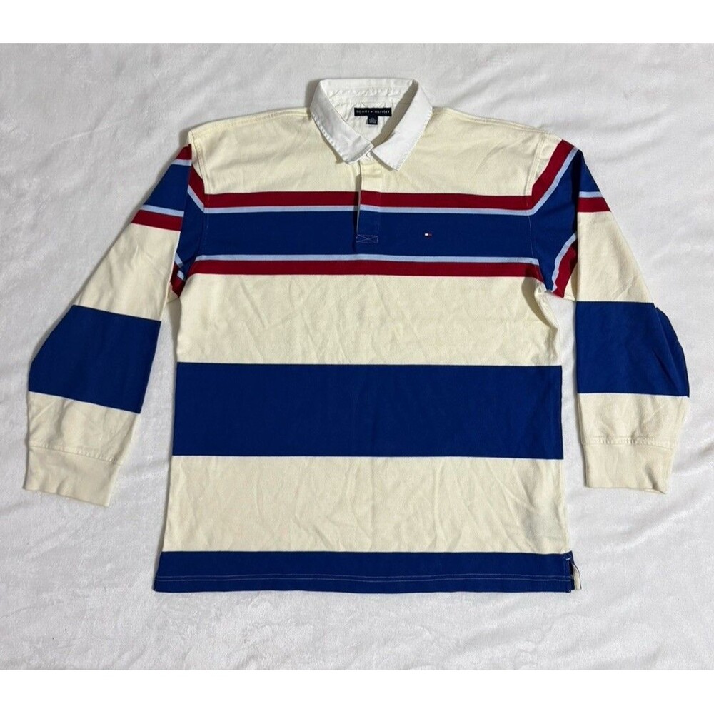 Tommy Hilfiger Rugby Polo Shirt Striped Long Sleeve Mens XXL Red Blue